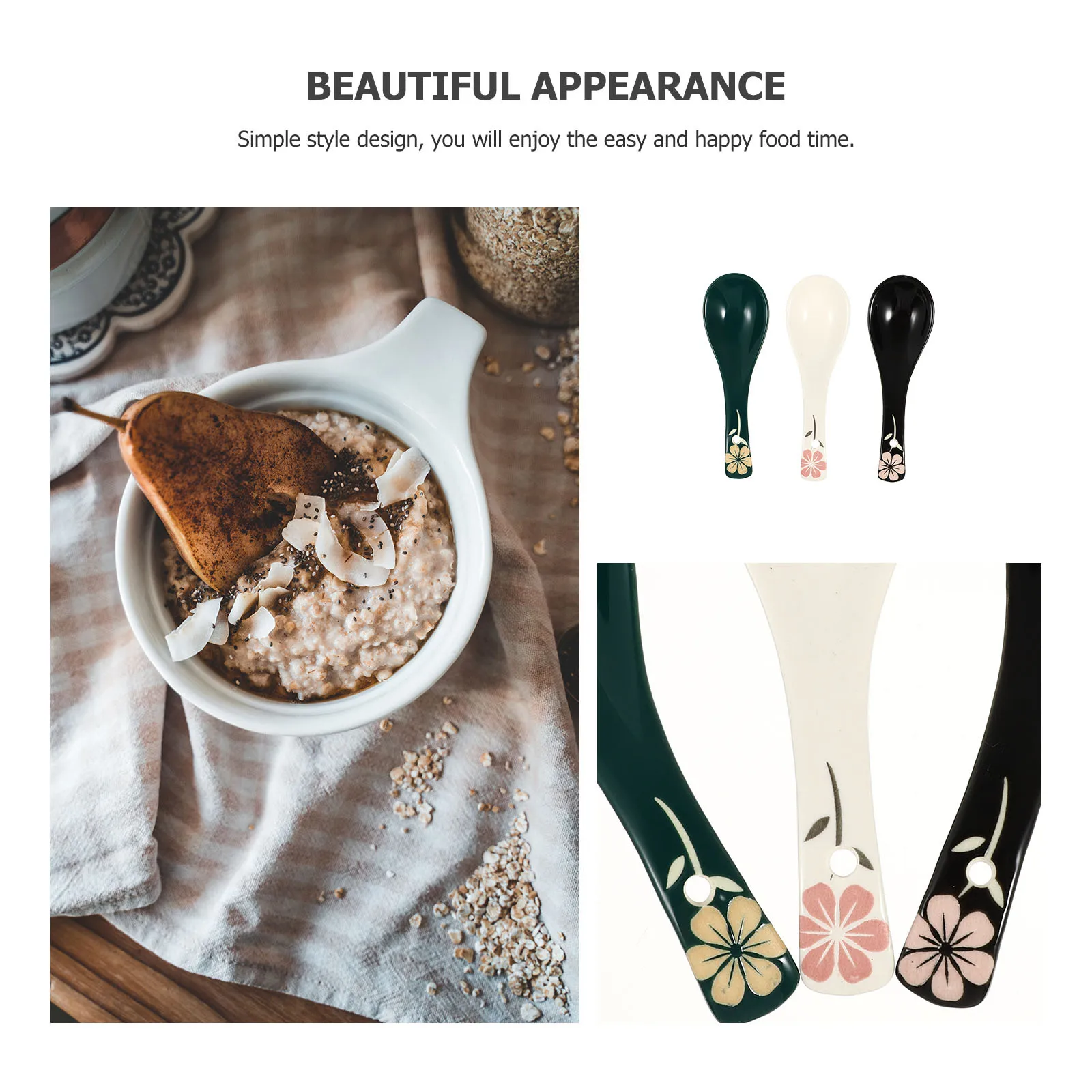 

3Pcs Ceramic Food Spoons Smooth Polished Multipurpose Rice Soup Dessert Spoons Kitchen Utensil Kitchen Tableware