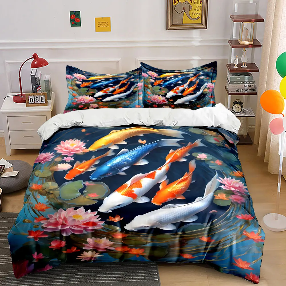 Multiple Sizes Koi Fish in Lotus Pond Print Bedding Set 1 Duvet Cover 2 Pillowcases for Adult and Children Luxury Gift Full Size