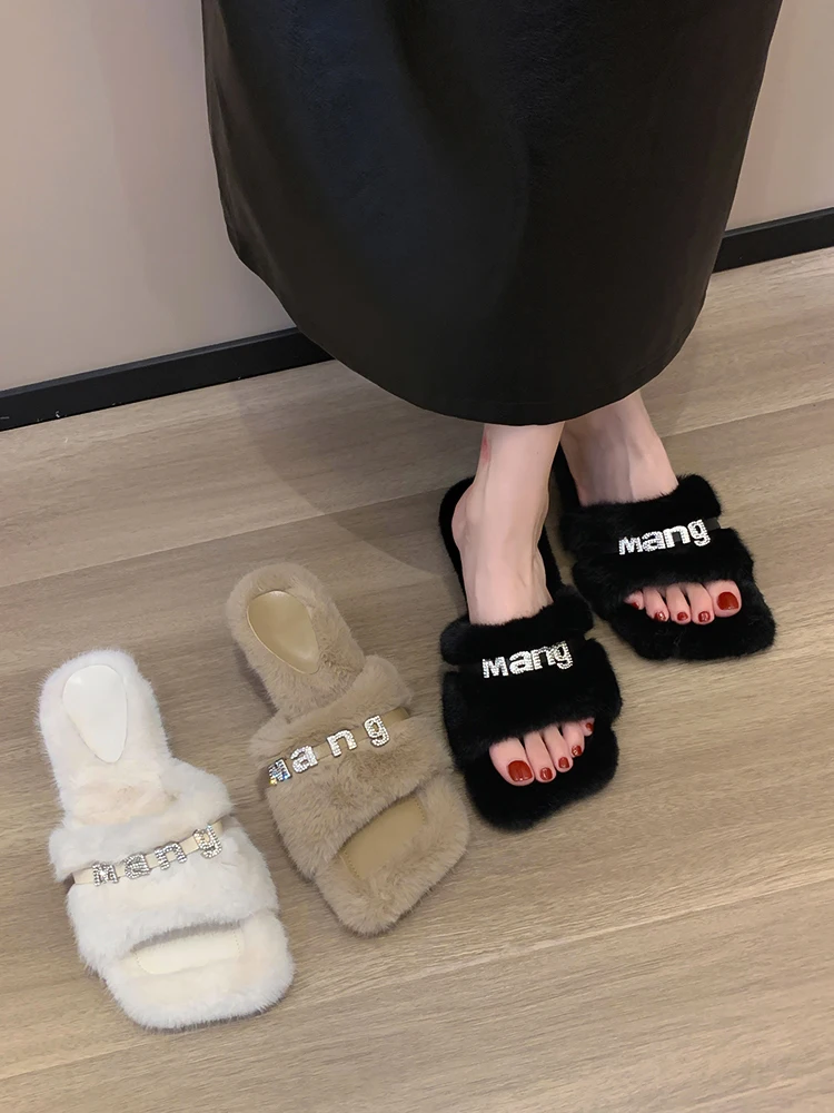 Women's Shoes with Fur on The Outside, New High-heeled Square Toe Sparkling Diamond Cotton Slippers for Autumn and Winter 2023