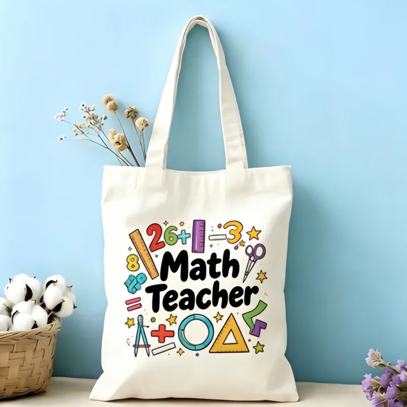 Women Math Teacher Canvas Tote Bag Math Tools Number Print Reusable Shopping Shoulder Handbag Teacher Appreciation Gift