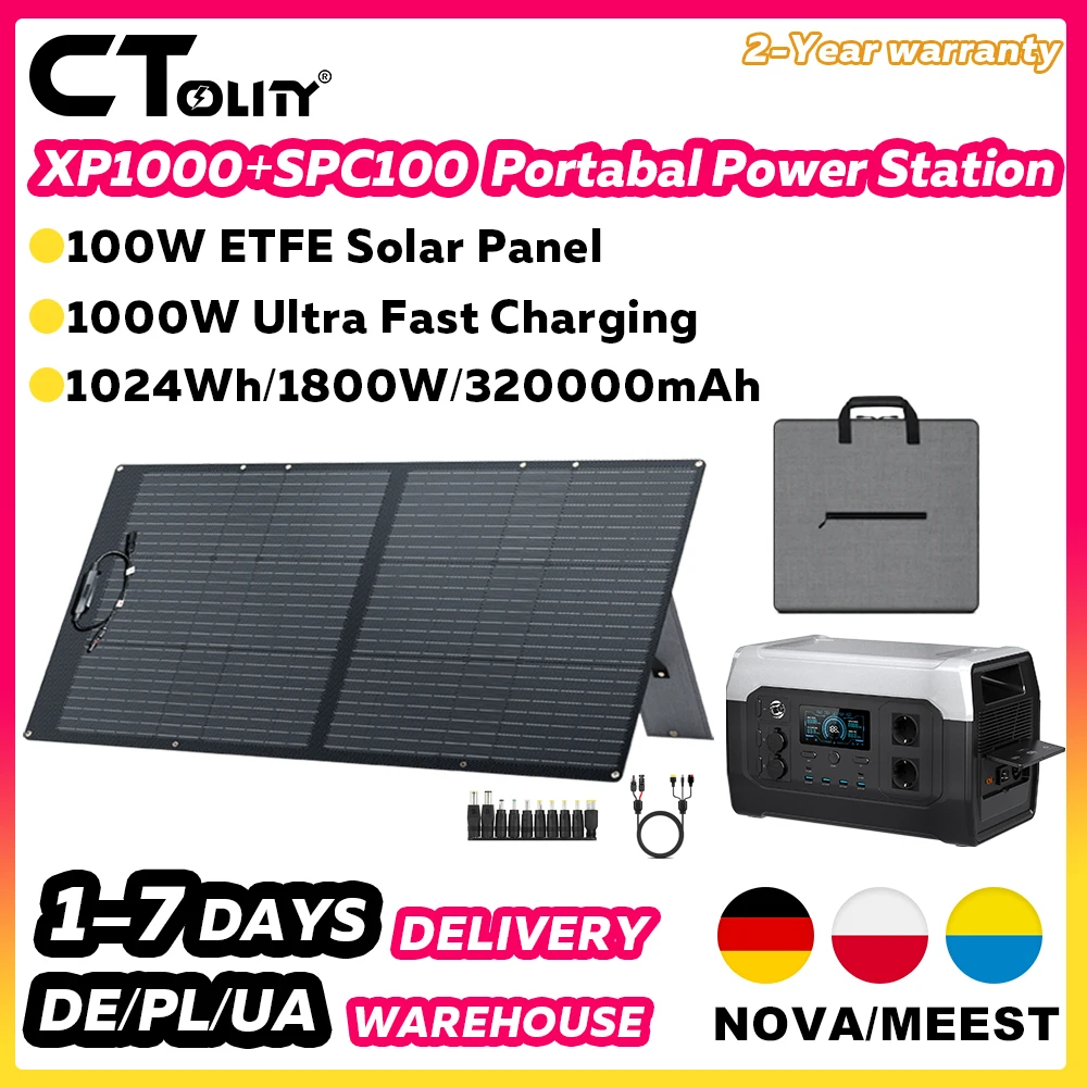 

CTOLITY 1800W 110V Solar Energy System Complete Kit 100W ETFE Solar Panel UPS Power Station 1024WH Solar Generator for Camping