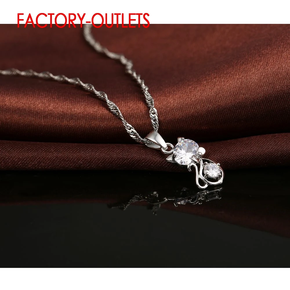 Genuine 925 Sterling Silver Cubic Zirconia Wedding Jewelry Sets CZ Crystal Cute Animal Cat Necklace Earrings Female Club Party