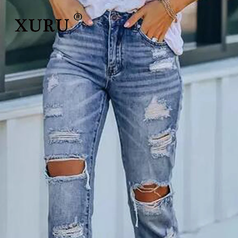XURU - New Women's Perforated Slim Fit Jeans, Y2k Clothing Blue Long Jeans, Men's Pants