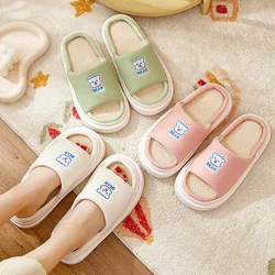 Linen Platform Slippers Women Home Cute Cartoon Designer Shoes Girls Flats Fashion Casual House Slipper Elegant Open Toe Indoor