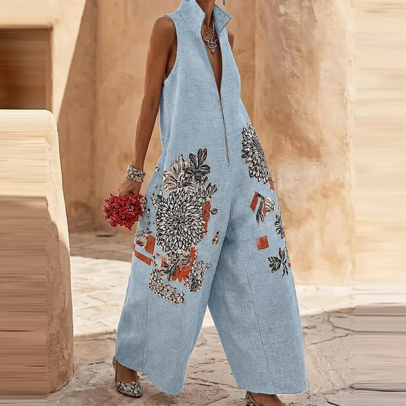 2026 Spring Stand Collar Zipper Playsuit Retro Floral Print Loose Women's Jumpsuit New Summer Sleeveless Wide Leg Pants Overalls view 6