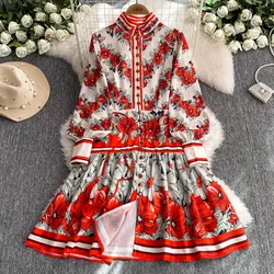 Runway Autumn Floral Linen Short Dress Women Clothing Single Breasted Long Lantern Sleeve Belt Ruffles Holiday Party Vestidos