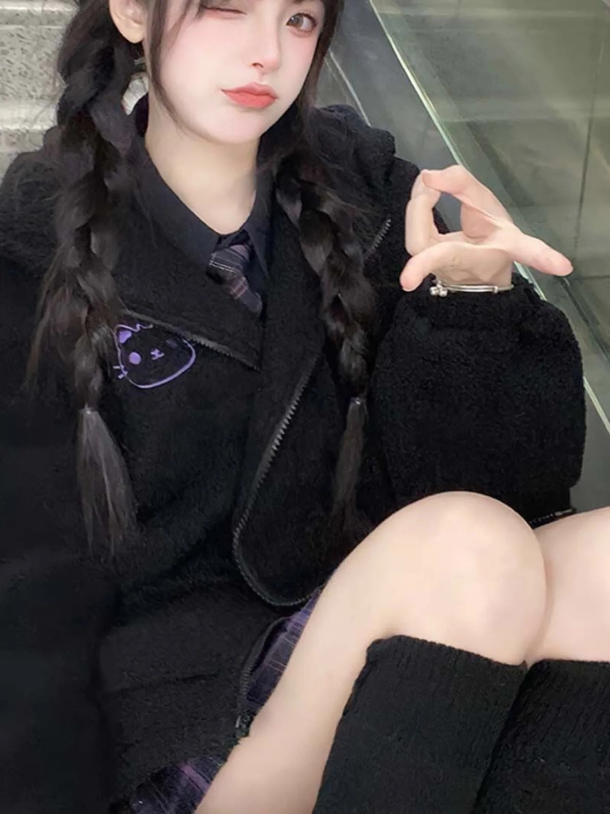 

Осень-зима, милый крутой кардиган с ушками JK, длинный открытый кардиган с капюшоном из овечьего меха, женский сарафан Y2K, милый и крутой дизайн