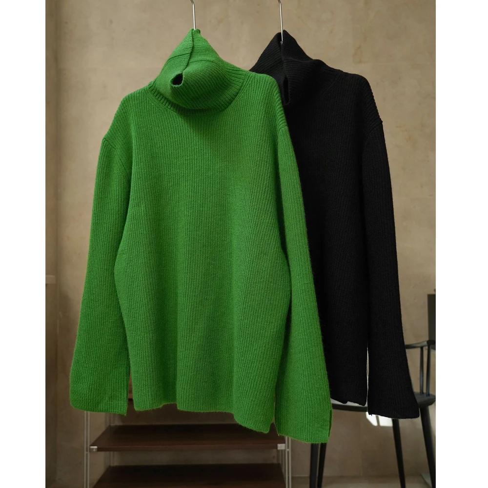 

2023 Winter New High Neck Sweater Black/Green Small Split Wool Blend Pullover Sweater Warm Top for Women