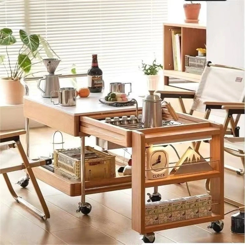 Mobile coffee table trolley Japanese sofa living room retractable enclosure stove making tea Solid wood household tea table