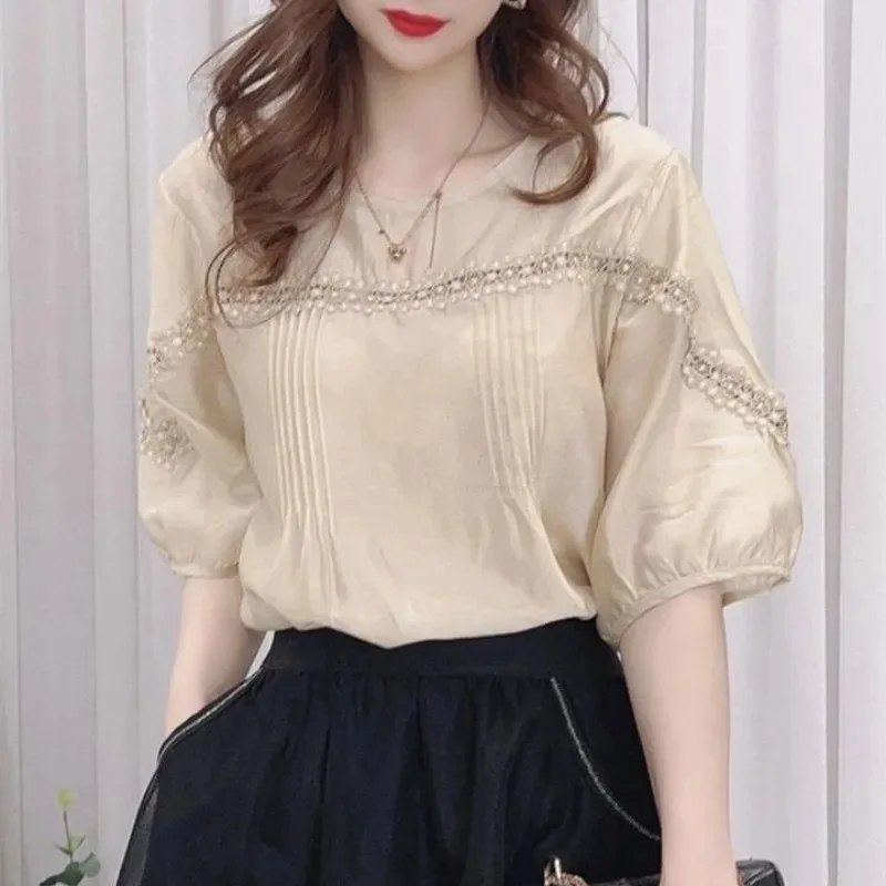 Vintage Blouse Women 2024 Camisas De Mujer Short Sleeve O-neck Patchwork Lace Chiffon Shirts Loose Solid Color Summer Tops 7n818