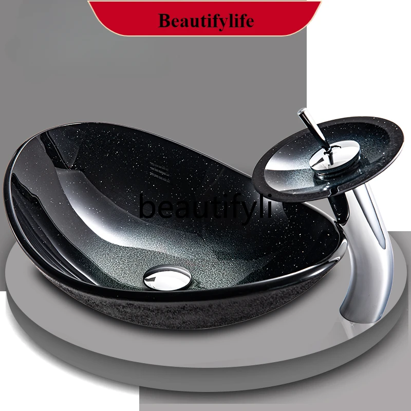 

B185 Tempered glass table basin modern minimalist art washbasin creative gradual change in the starry sky