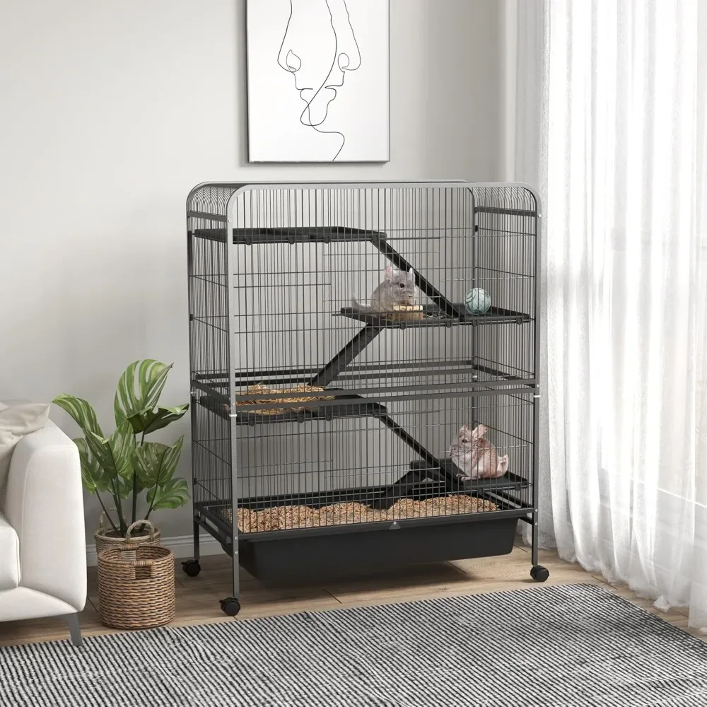 

53.5 Small Animal Cage, 5-Level Metal Ferret or Bunny Cage with Wheels, Chinchilla Cage with Removable Tray, 2 Front Door