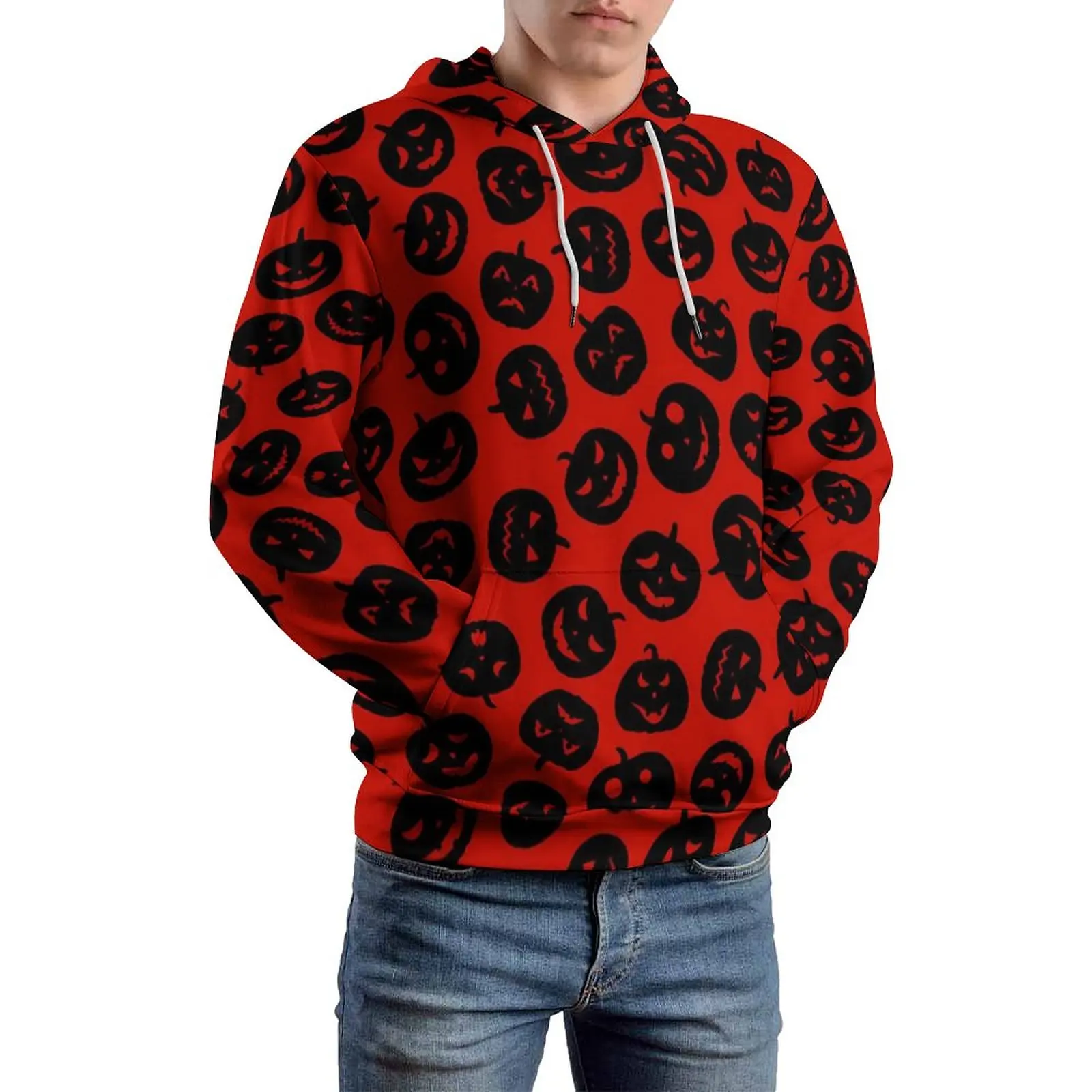 Red Black Pumpkin Casual Hoodies Halloween Loose Hoodie Men Long Sleeve Funny Design Clothing Plus Size