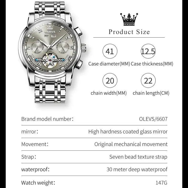 OLEVS 6607 Men\'s Watch High end Fully Automatic Mechanical Business Watch Luxury Brand Skeleton Waterproof Calendar Men\'s Watch