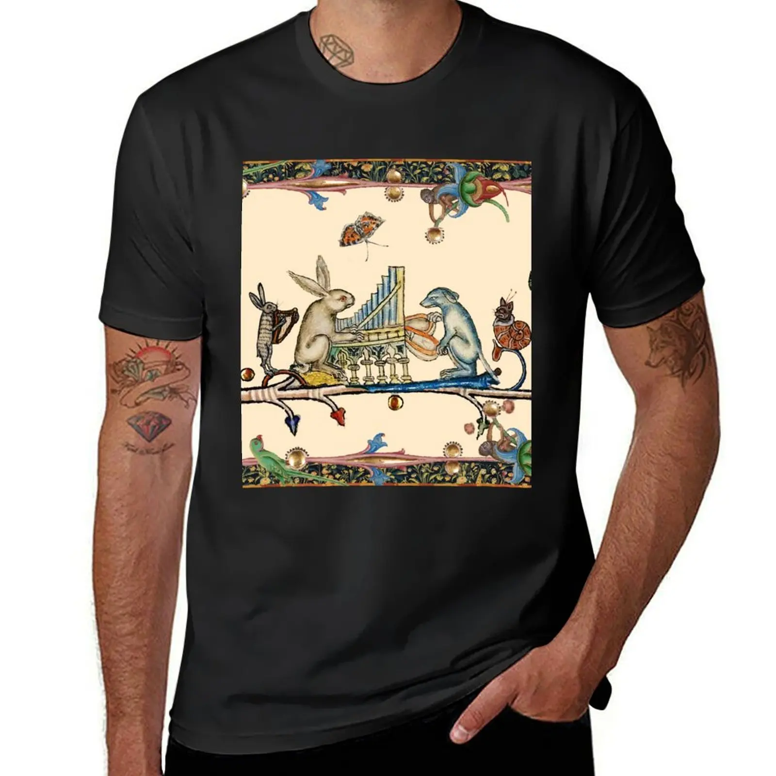 WEIRD MEDIEVAL BESTIARY MAKING MUSIC,White Rabbit And Dog Playing Organ, Harpist Hare, Snail Cat T-Shirt