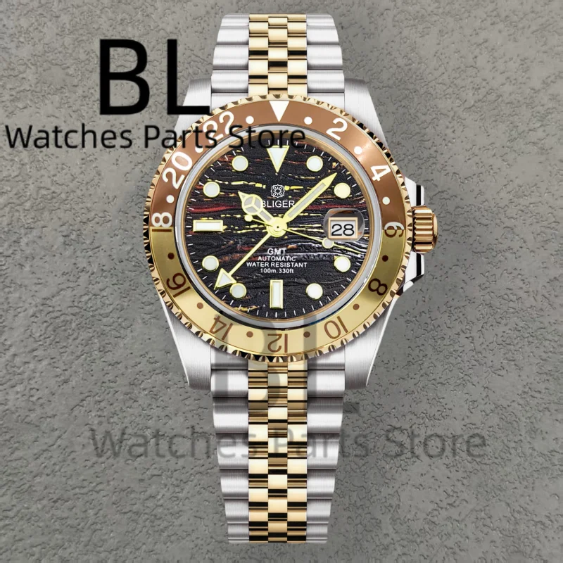 BLIGER marca superior de lujo 40MM reloj automático de oro completo cristal de zafiro impermeable patrón de ojo de tigre doble extremo enlace Braclelet