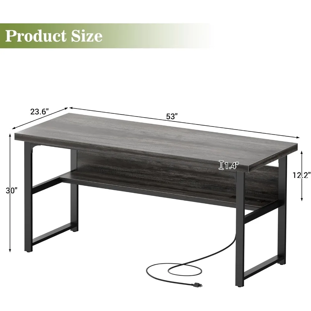 53 Inch Desk with Power Outlets and USB Ports, Computer Desk with 1.4 Inch Thicker Desktop, Heavy Duty Study Writing Table with