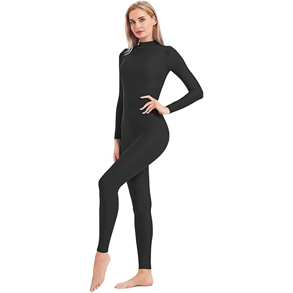 SPEERISE Women Ballet Dance Unitard Turtle Neck Long Sleeve Black Zentai Spandex Workout Full Body Jumpsuits Cosplay Costumes