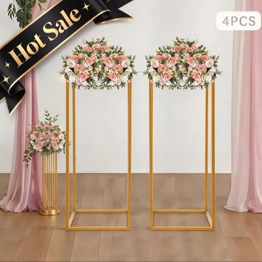 4 Pcs Gold Metal Flower Stand Column Vases Wedding Rectangular Geometric Rack Free Standing For Party Wedding Centerpiece Column Holder Rack Decor