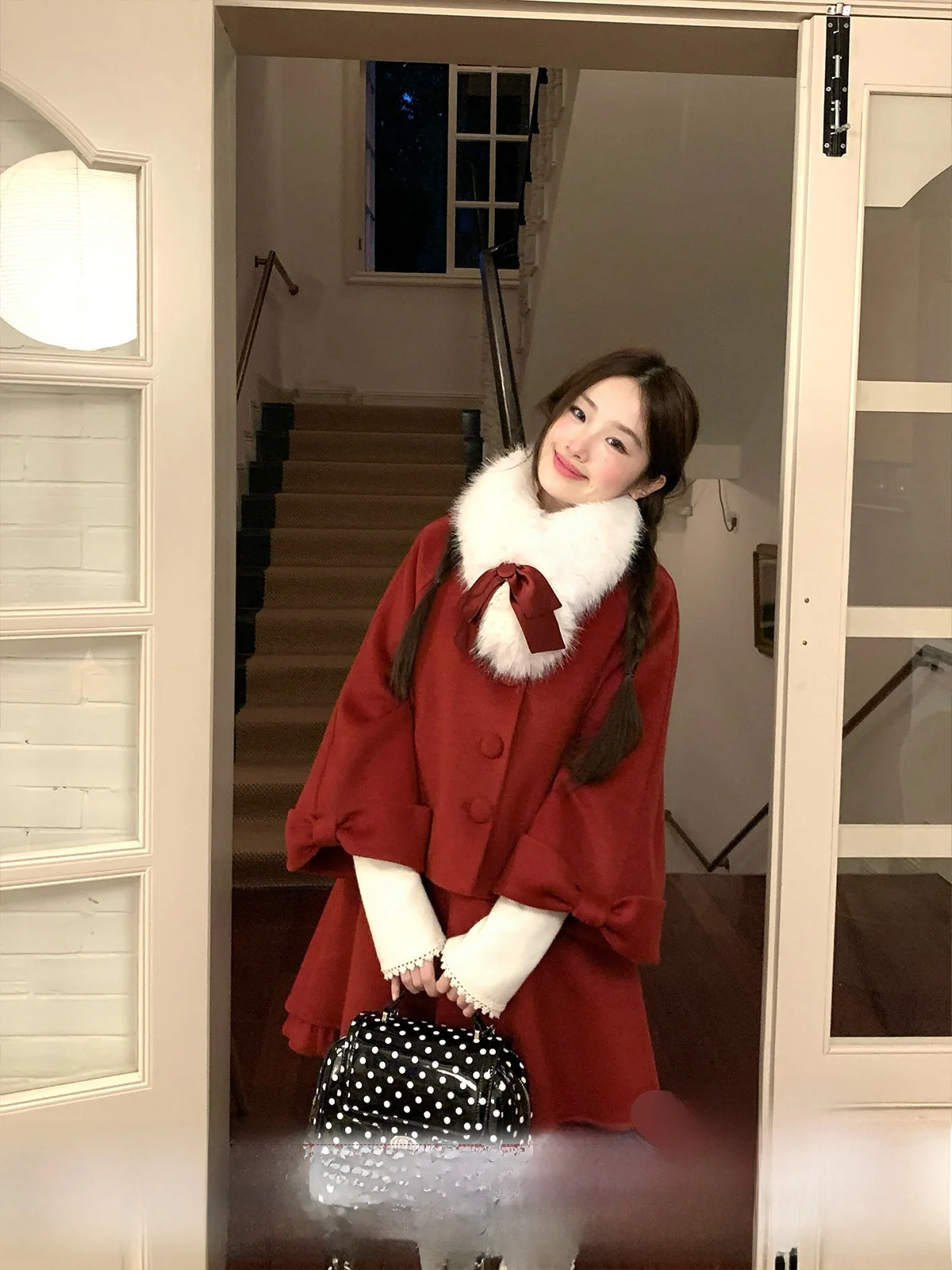 

Новинка! Красное шерстяное пальто-жилетка MUCHA для женщин, зимний комплект с юбкой средней длины, милый стиль, высокая талия