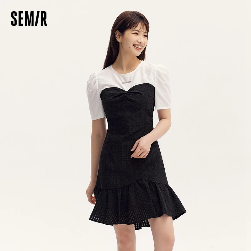 Semir Color Block Little Black Dress Women Elegant And Commute 2024 Summer New Gentle Texture Playful Mermaid Hem Short Skirt