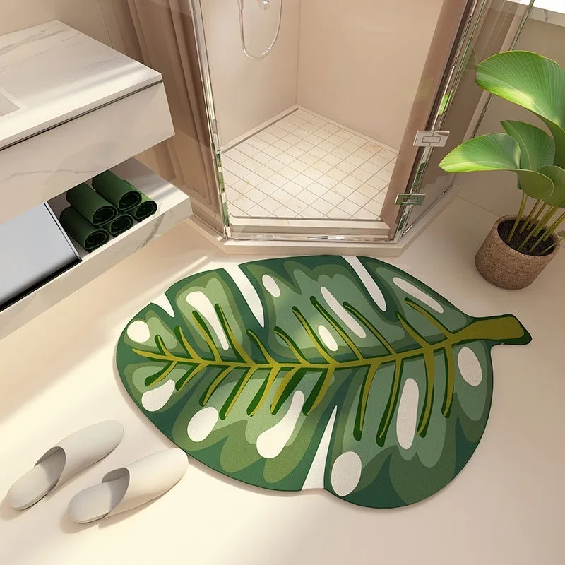 Luxurious Unique-Shaped Rug for Bathroom Absorbent and Slip-Resistant with Green Plant Design