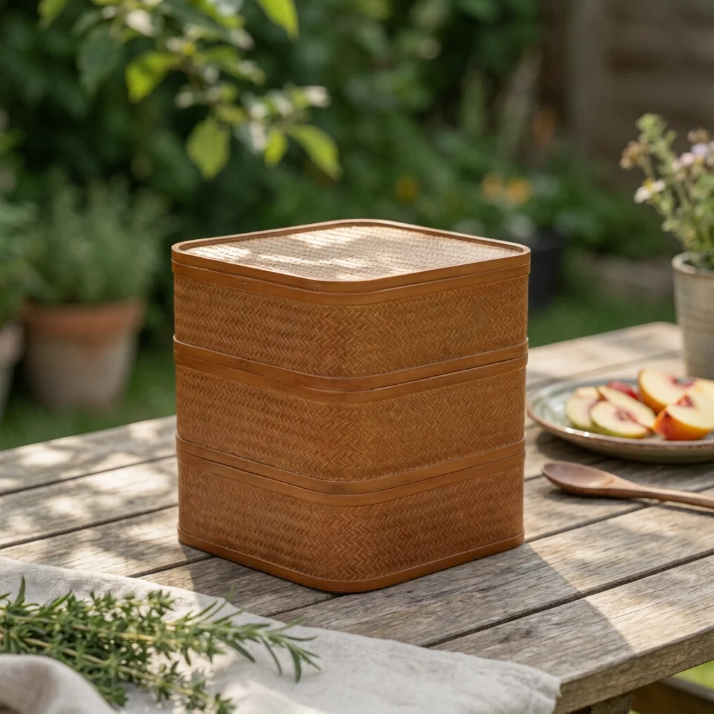 Three-Tier Carrying Box Stacked Woven Box with Handle Bamboo Storage Basket with Lid Artisanal Storage Basket with Lid