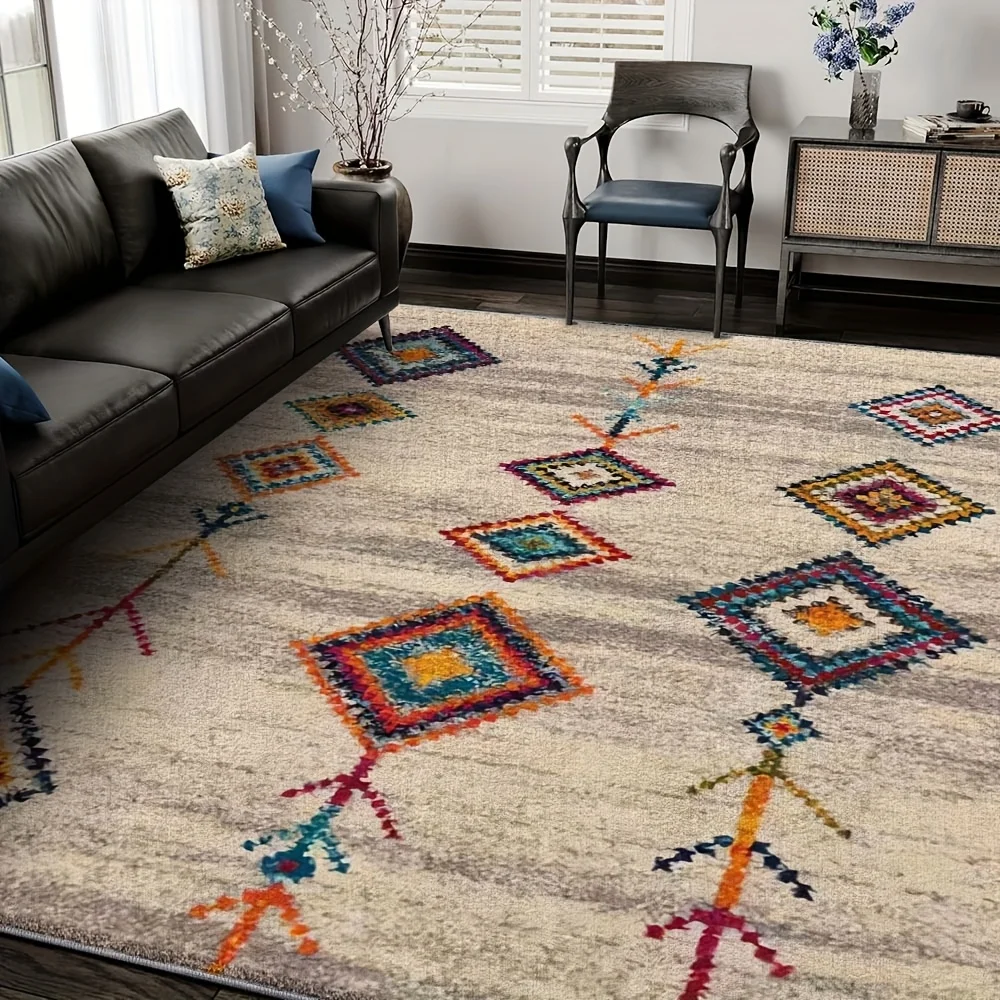 VIKAMA Boho Geometric Diamond Area Rug,Non‑Slip Mat,Vintage Tribal Square Pattern Carpet Living Room Bedroom Indoor Home Decor
