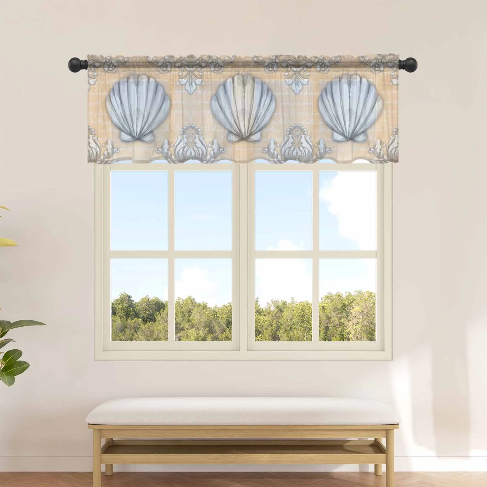 Shell Pattern Retro Kitchen Curtains Tulle Short Sheer Curtain Bedroom Living Room Home Decor Voile Drapes