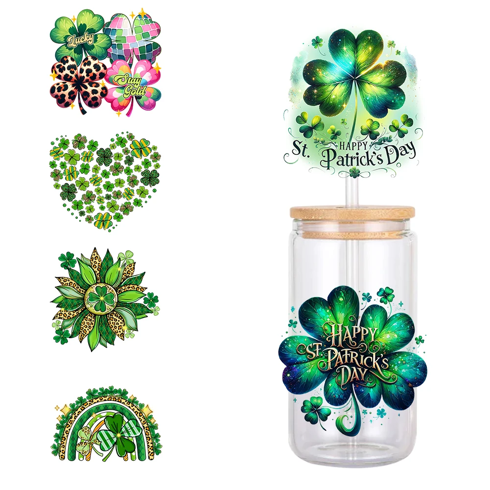 

11x11cm St Patrick Plant Clover Waterproof UV DTF Cup Wrap for 16Oz Libbey Glass Can DIY Transfer Sticker