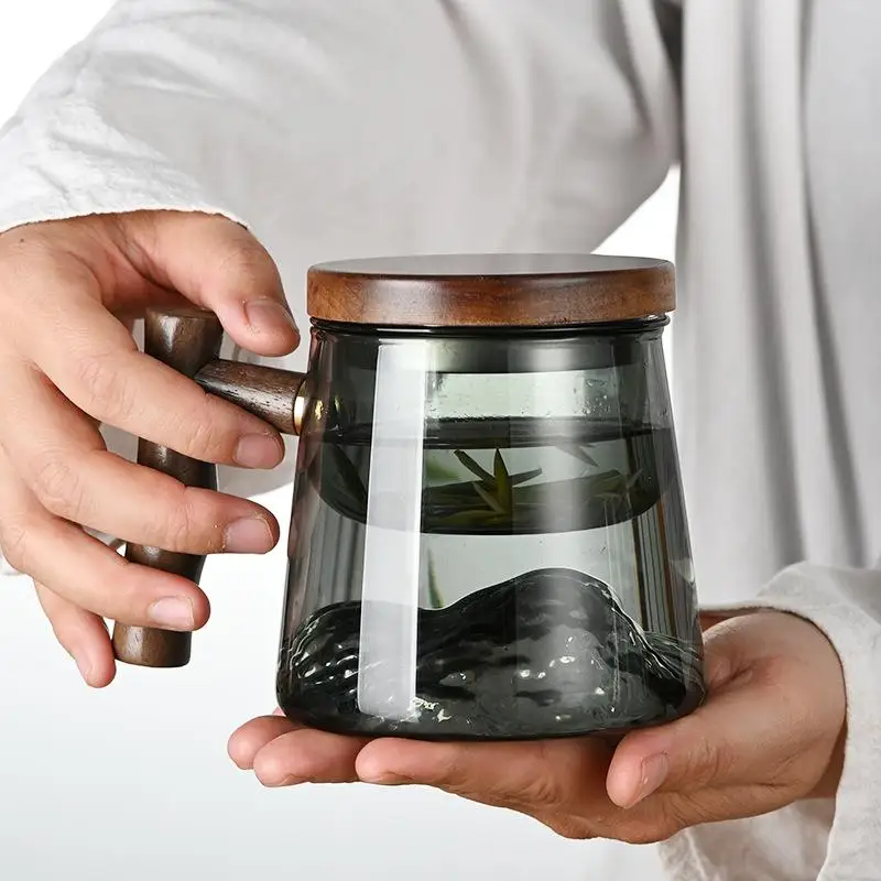 

Black Transparent Glass Tea Drinking Cup with Side Wooden Handle And Lid Tea Water Separation Three-Piece Cup for Home New St...