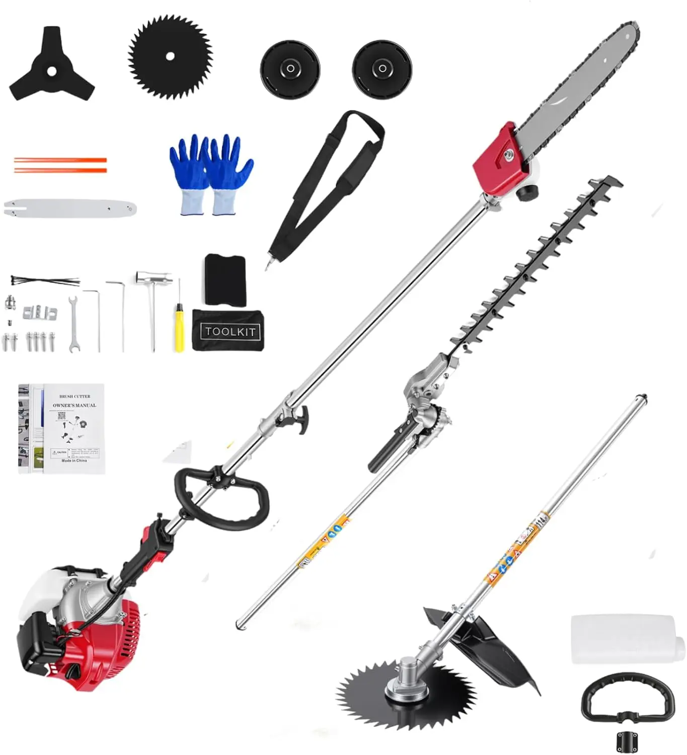 58CC Gas Pole Saw 6-In-1, String Trimmer Brush Cutter Hedge Trimmer, Garden | 2-Cycle Yard Tool, For Grass, Weeds, Branches
