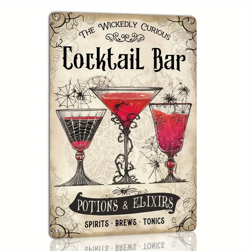 Metal Wall Plaque 20x30cm Vintage Cocktail Bar Sign Wicked Curious Potion and Elixir Theme UV Resistant Fade Proof Indoor Multi