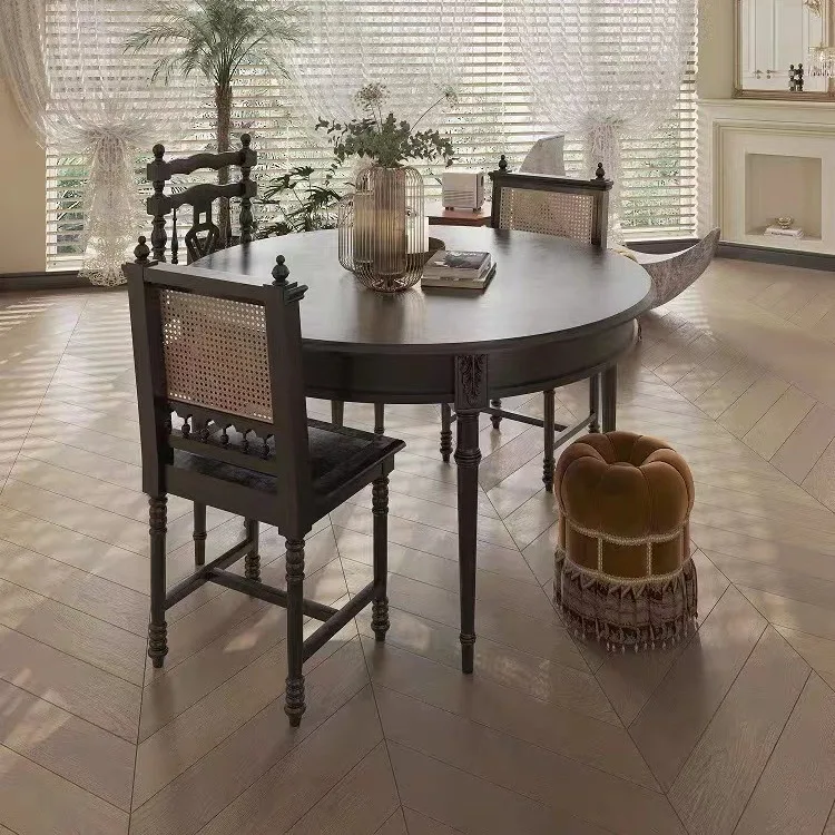 American solid wood dining table rattan chair combination large round table retro French dining  black dining table househo