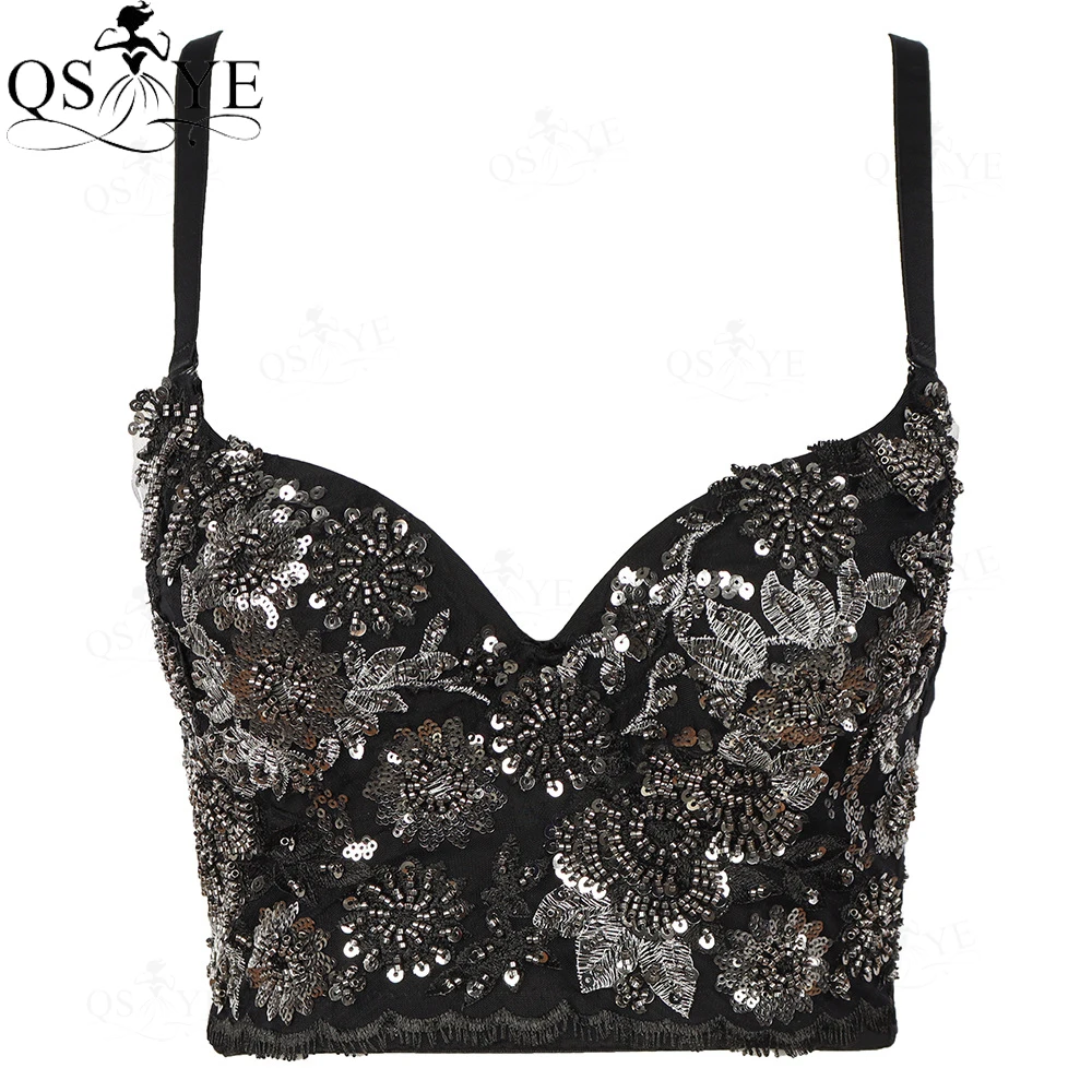 QSYYE-vestido de noche negro para mujer, Sexy, con cuentas de tubo dorado, Top corto con costuras de malla, escote corazón, para club nocturno, vestido de fiesta sin espalda