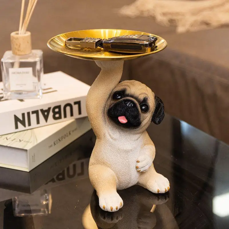 Creative Pug Statue Jewelry Storage Tray Cute Dog Sculpture Desktop Tabletop Organizer Plate For Small Jewelry Accessories Decor