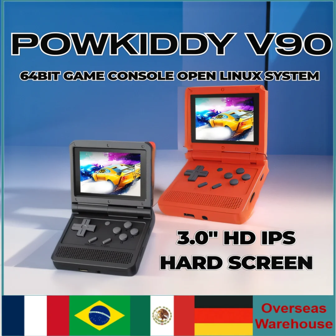 

POWKIDDY V90 3-Inch IPS Screen Flip Handheld Console Black Version Open System Game Console 16 Simulators PS1 Children's Gifts