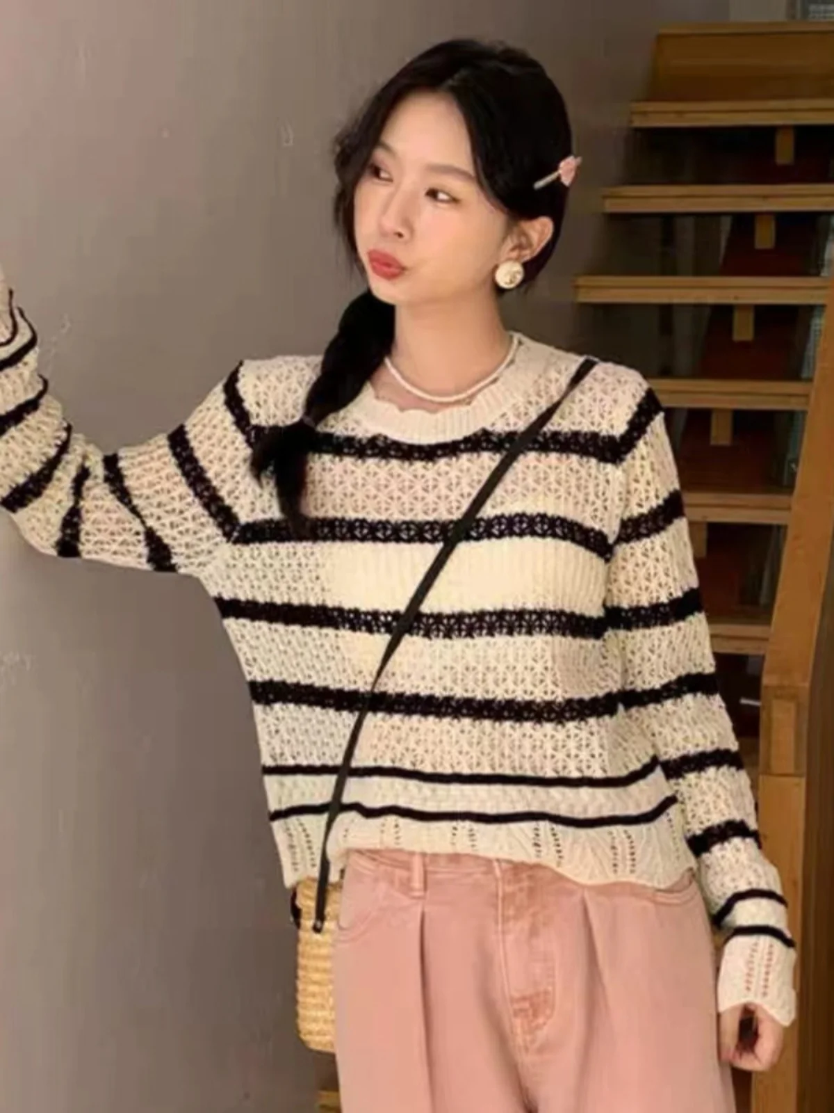 

Женский вязаный свитер Lazy Sle, весна 2023, круглый свитер в полоску для похудения, универсальный длинный свек для поездок на работу Faion