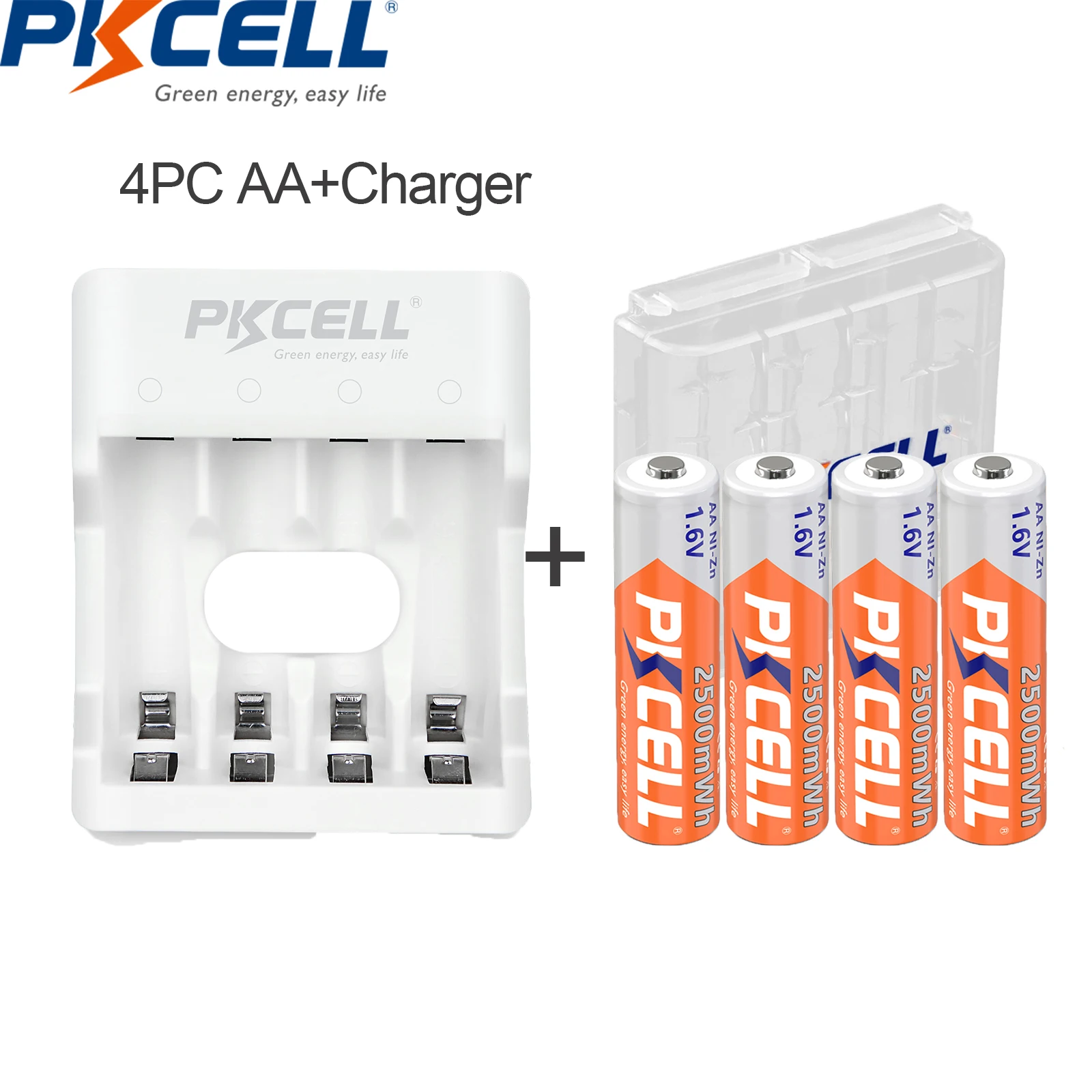 

4PC PKCELL NIZN AA Batteries AA Rechargeable Battery 2500mWh 1.6V Packed with NI-ZN Battery Charger For 2-4PC AA/AAA battery