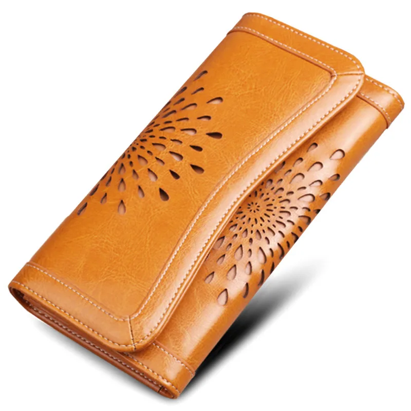 

Women's Long Leather Vintage Oil Wax Cowhide Fashion Wallet Hollow Credit Card Holder Wallets