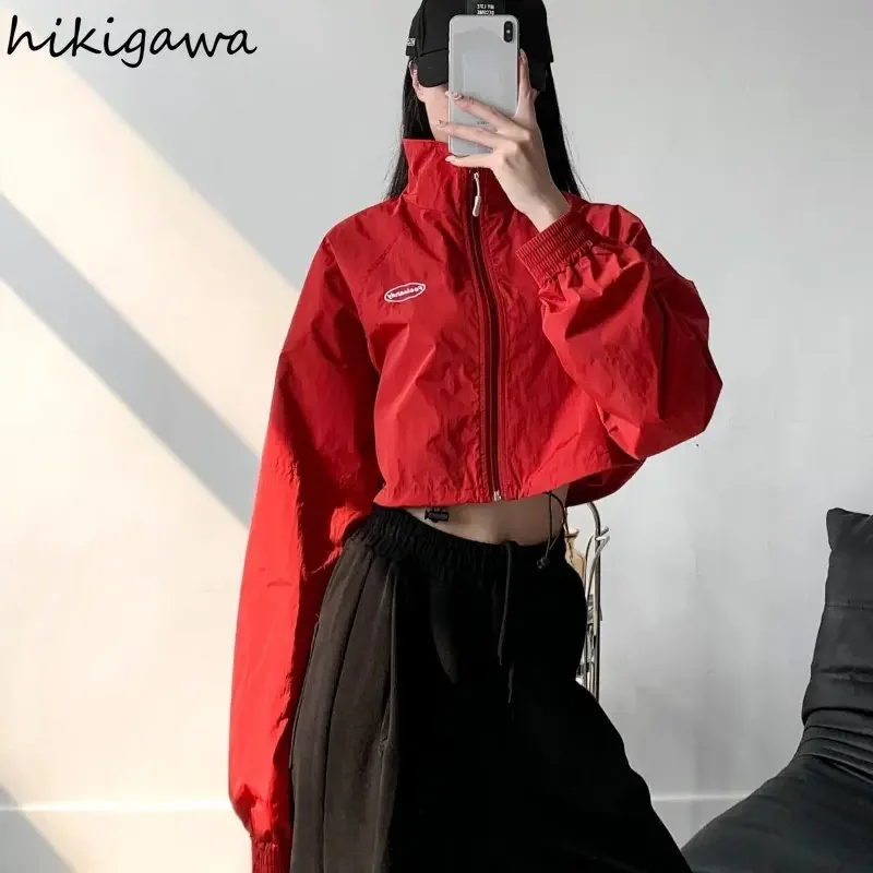 

2025 Ropa Mujer Jackets Women Fashion Vintage Thin Y2k Tops Stand Neck Long Sleeve Casual Outwear Streetwear Korean Crop Coat