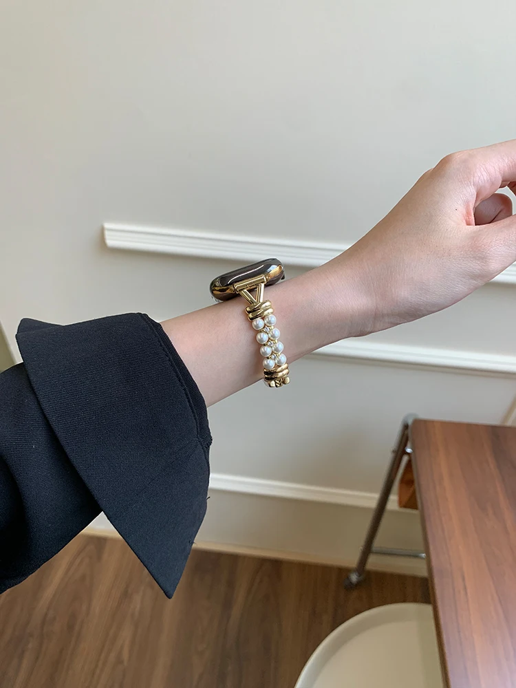 Роскошный жемчужный ремешок для iWatch Ultra 10 9 8 7 6 5 4 Глянцевый металлический браслет-ремешок для Apple Watch 40 мм 41 42 мм 44 мм 45 мм 46 мм 49 мм