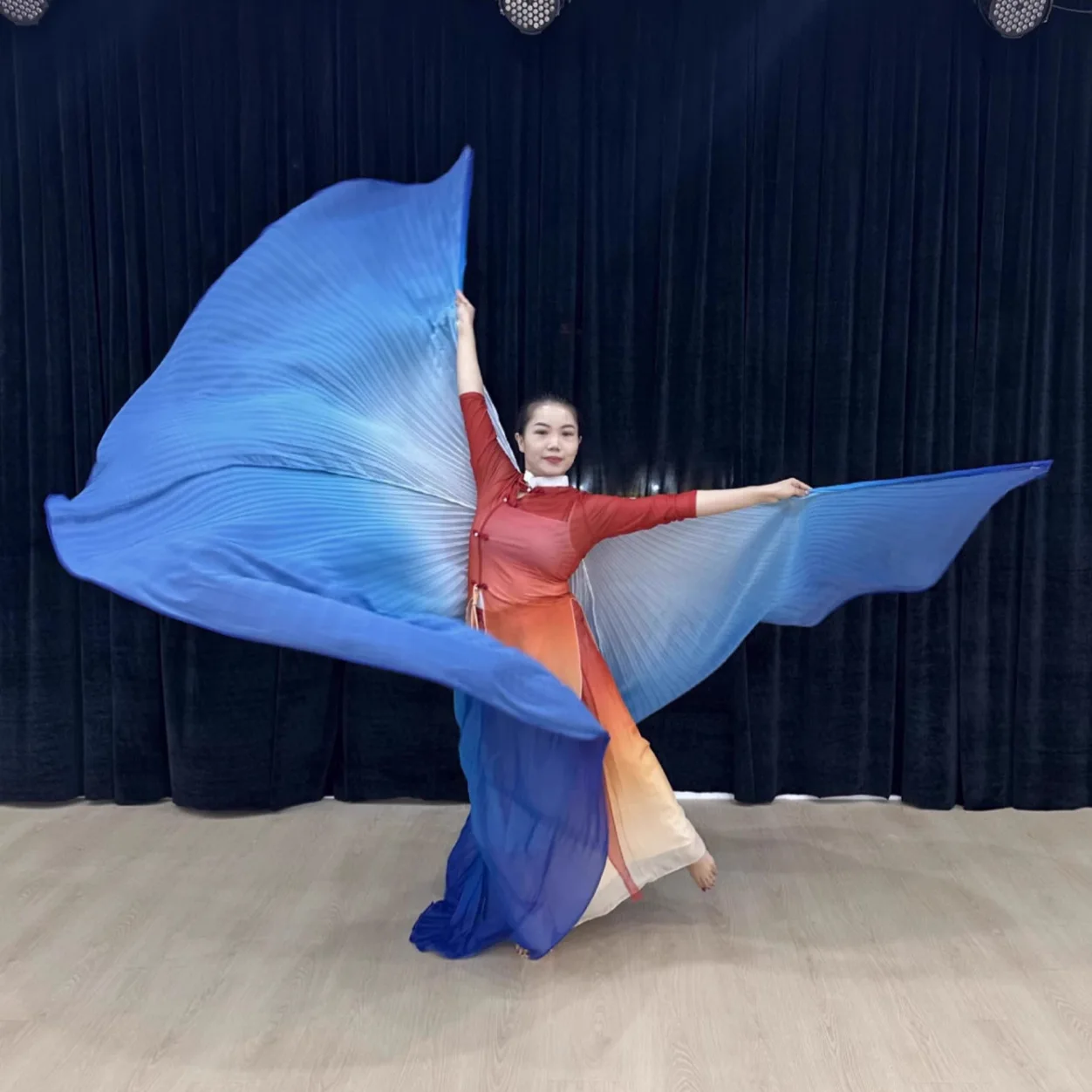 New creative belly dance costume white and blue gradual change chiffon cape female performance back decoration props golden win - view 3