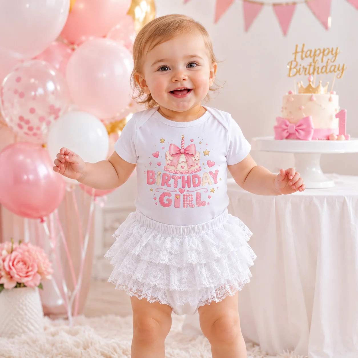 Baby Girl 1st Birthday Outfit Happy Birthday Girl Cake Print Short Sleeve Bodysuit White Lace Tutu Skirt 2Pcs Set Infant Cake Sm
