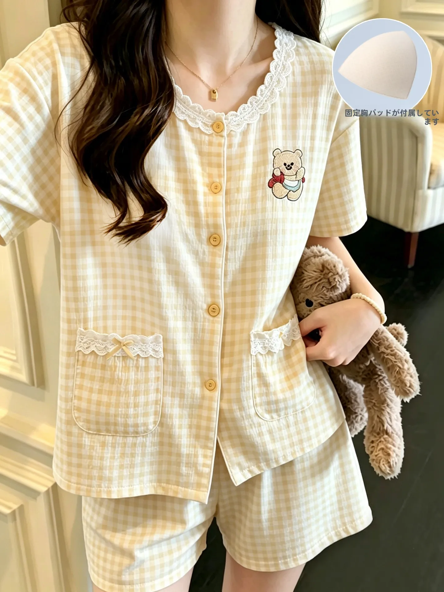 2026-夏新作クラウドコットンパジャマ女性の半袖チェック柄クマ胸パッド付きホーム服-2-点セットカジュアルウェア