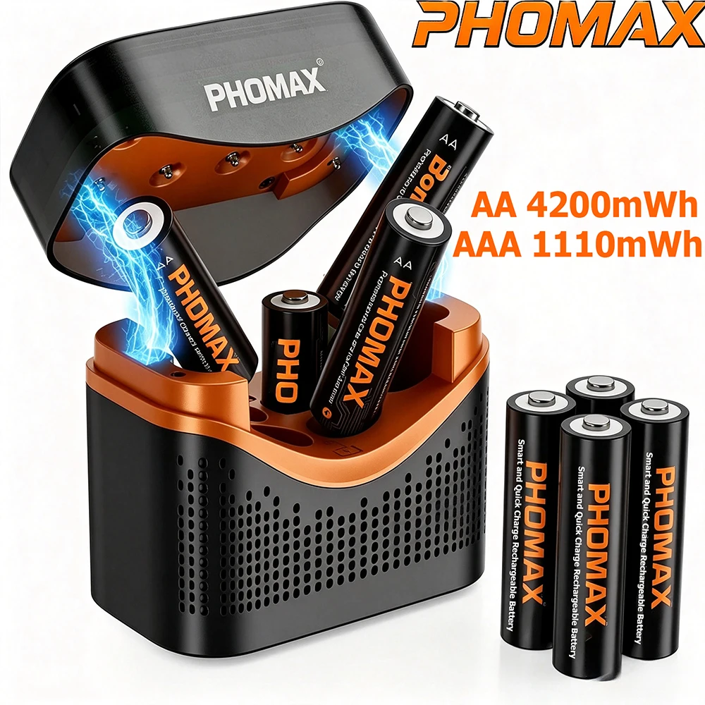 PHOMAX AA AAA Li-Ionen-Akkus AA/AAA 4200mWh 1110mWh & 8-Slot 1,5V Lithium-Batterieladegerät für Fernbedienungsspielzeug