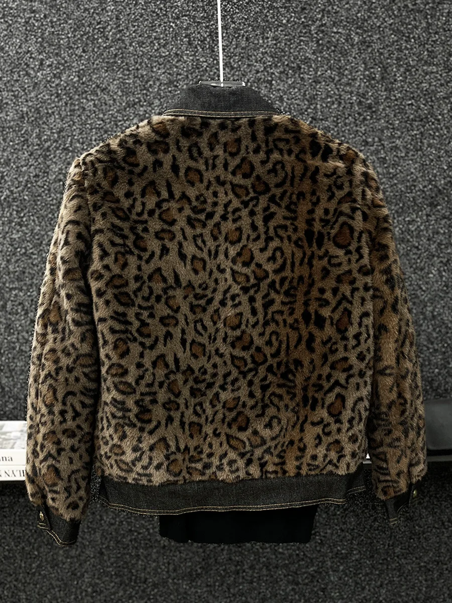 High-end Imitation Mink Hair Small Fragrant Coats Men's 2024 Winter Cotton Retro Denim Splicing Leopard Print Plush Thick Jacket