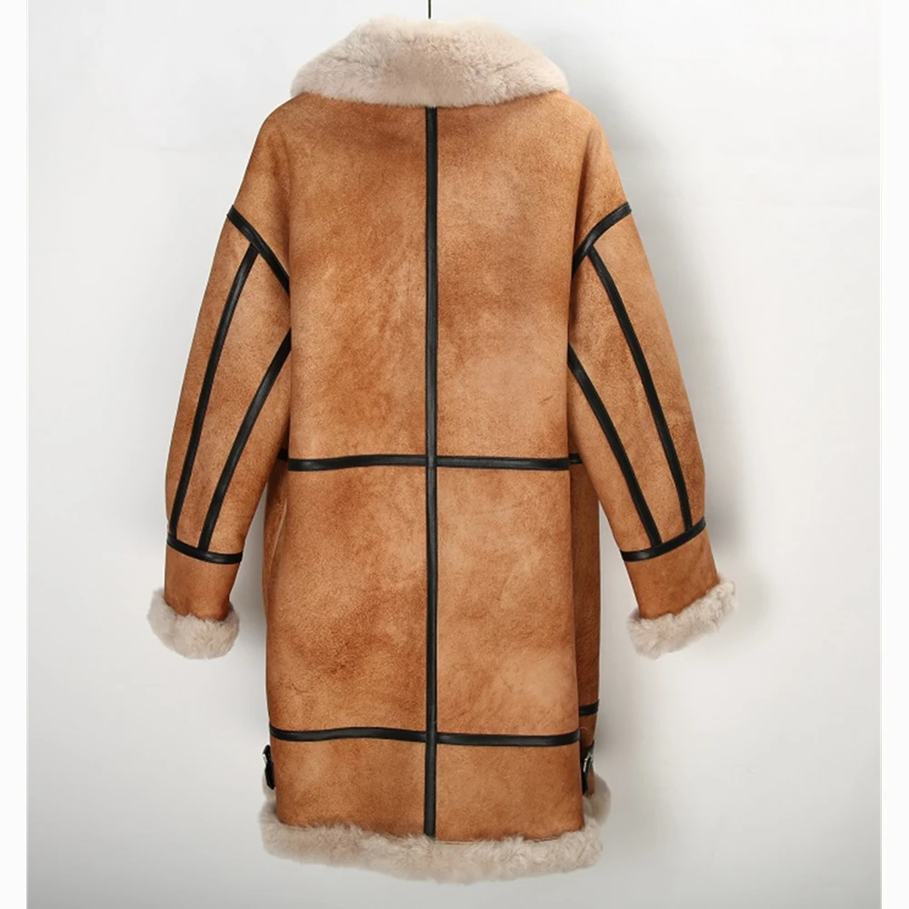 2023 Extra Long Bazaar Shearling Fur Clothing Women Casualy Camel Warm Winter Genuine Leather Sheepskin Shearling Overcoat