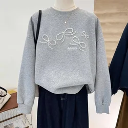 Bead Embroidered Bow Sweatshirts Autumn High Sense Korean Fashion O-neck Loose Long Sleeve Top Women Pullover Sweatshirt Tops