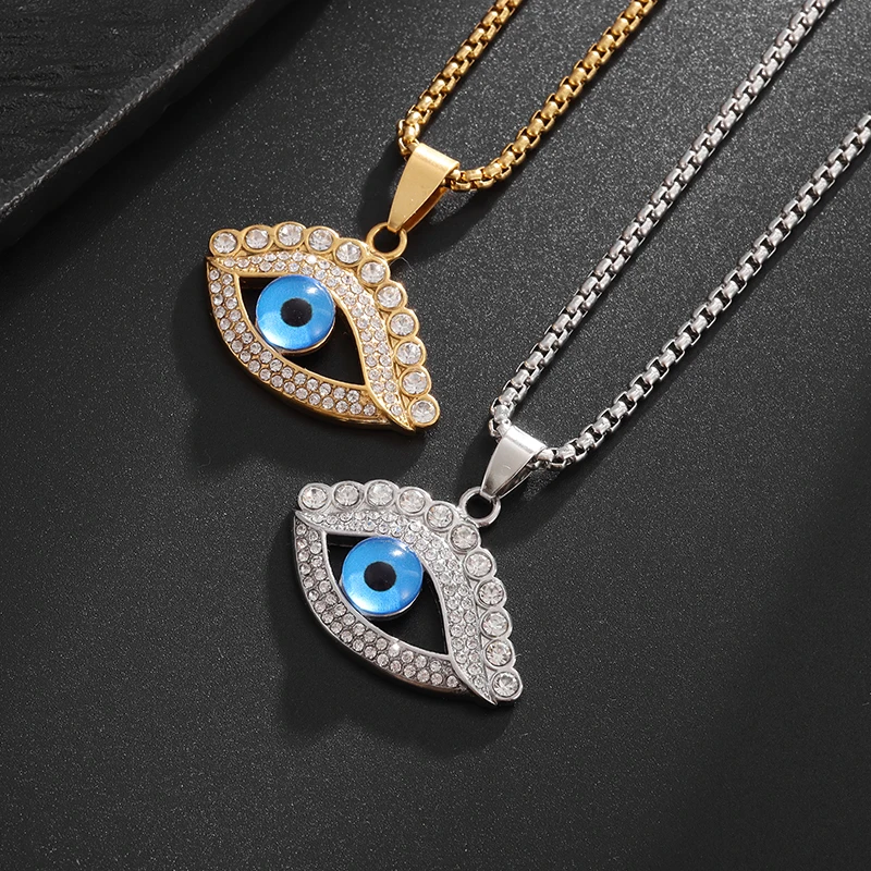 Blue Turkey Evil Eye Pendant God\'s Eye Ice Crystal Sparkling Rhinestone Amulet Necklace for Men Women